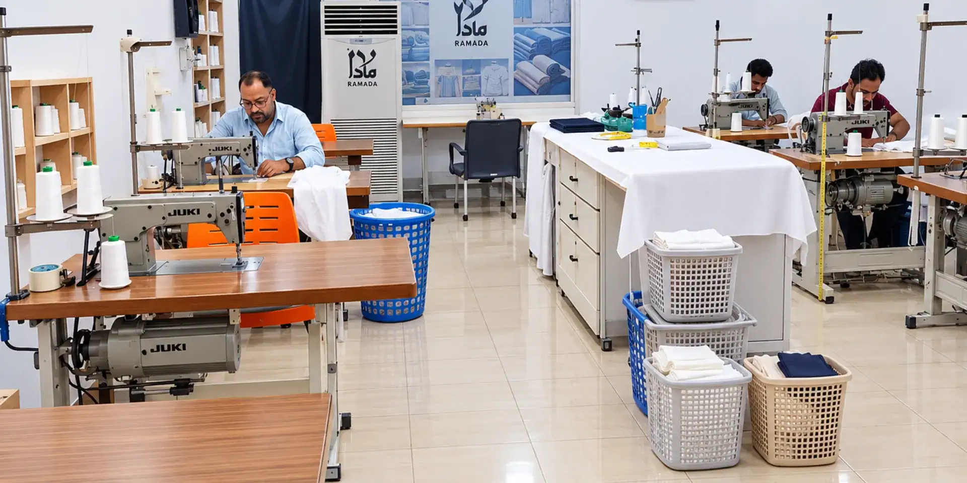 The Ramada Al-Raqi tailoring workshop: Juki machines, cutting tables and tailors at work