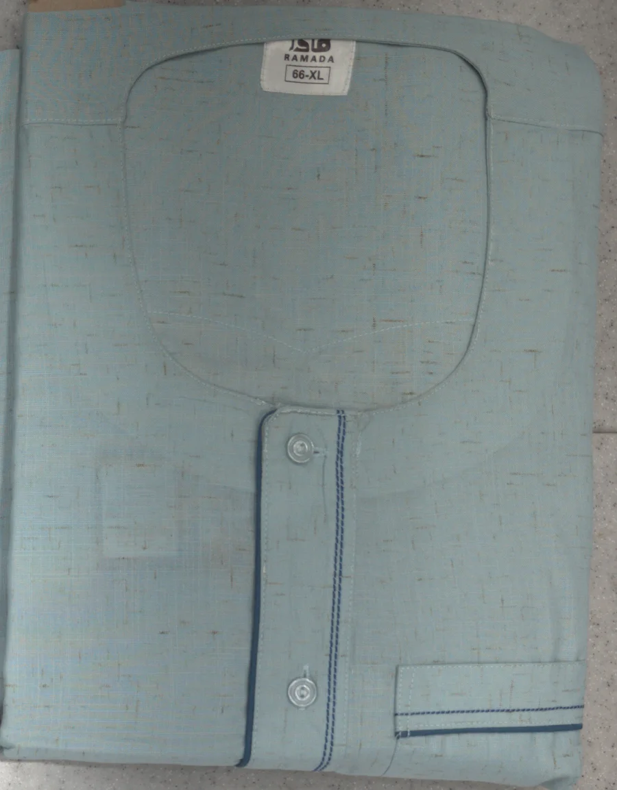 A regular light-blue “Ala Allah” set folded, with a front pocket and buttons