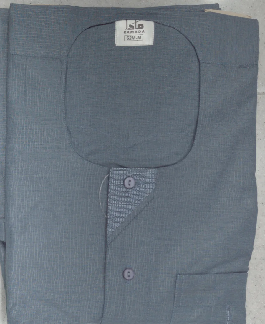 A bluish-grey Maslub “Ala Allah” set folded, with a pocket and buttons