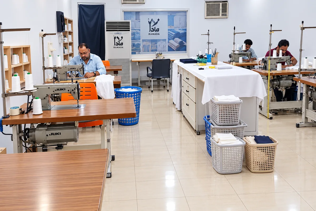 Tailors working at sewing machines in the Ramada Al-Raqi Tailoring workshop